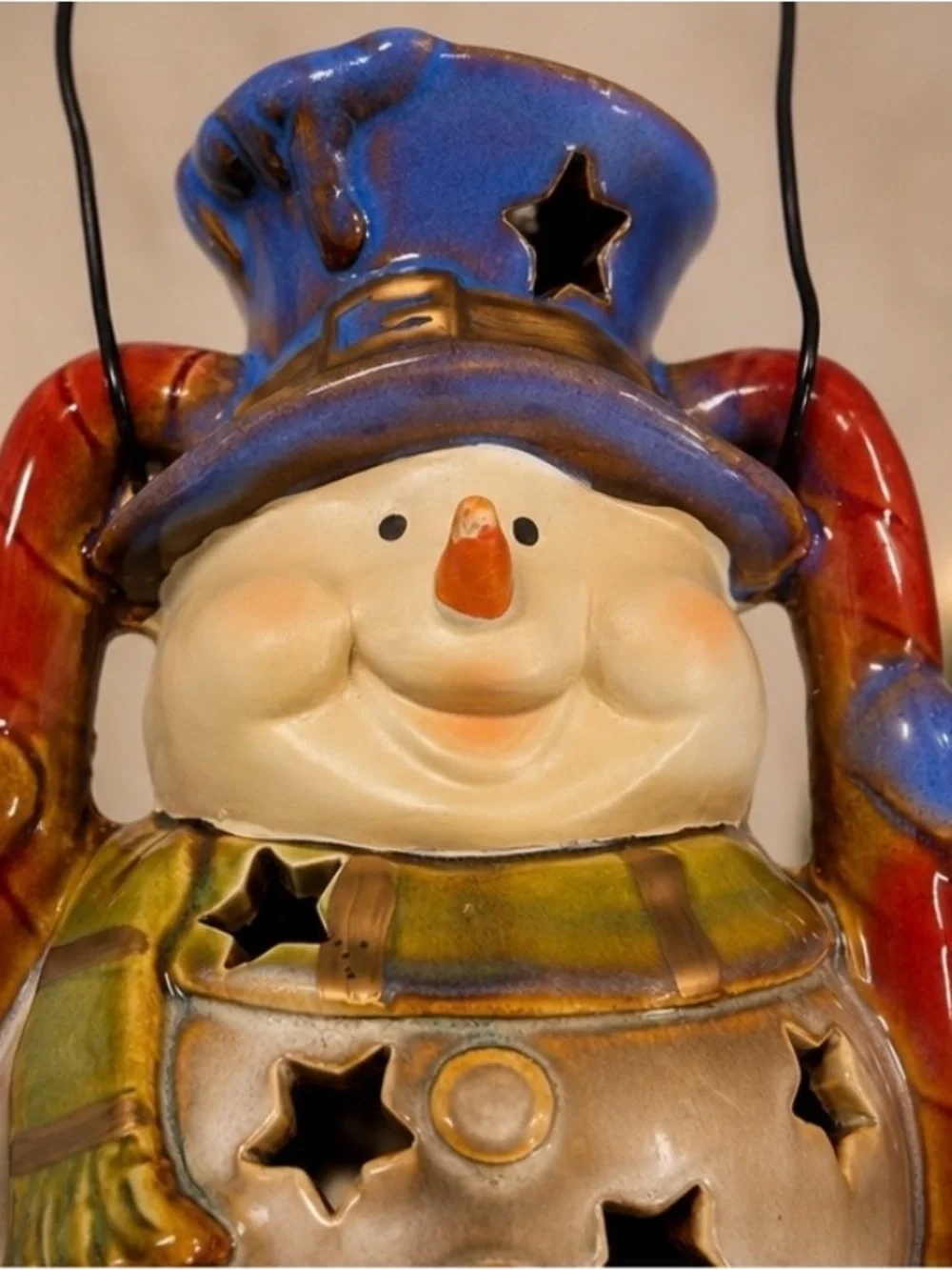 Ceramic Snowman Luminary Candle Holder Star Cutouts Wire Handle Christmas Decor